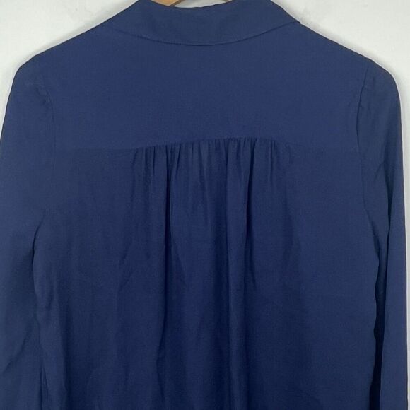 L'Agence Navy Blue Semi Sheer Silk Button Down Blouse XS Lace Trim - Picture 10 of 13